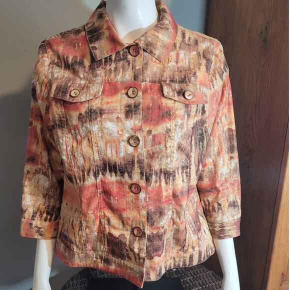 Chico’s Orange Gold Metallic Abstract Blazer Jacket Large Artsy Graphic Shimmer - Picture 1 of 9